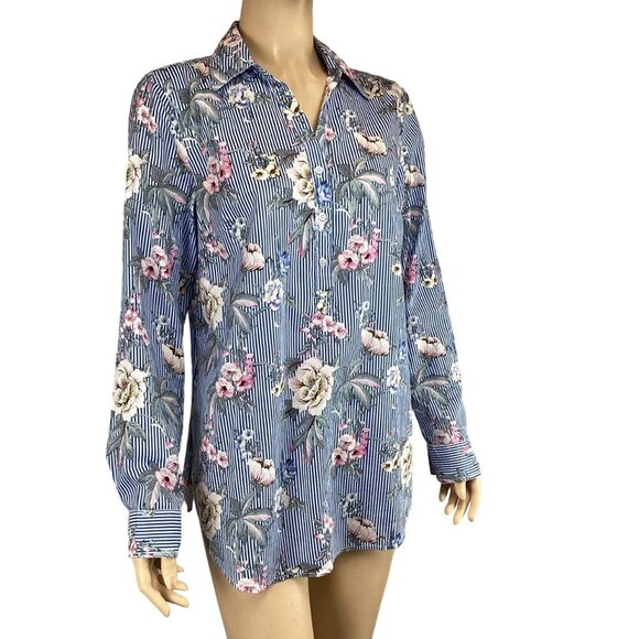 Talbots Button-Up Blouse Size Medium Top Floral Blue & White Pink - Picture 4 of 8